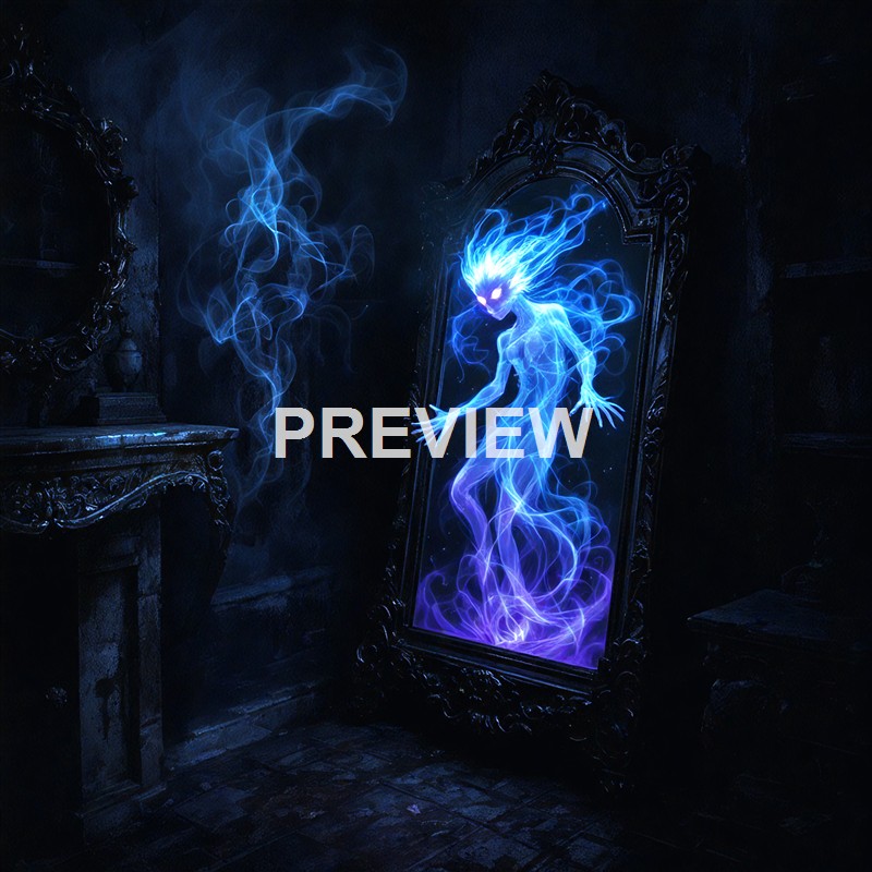 A glowing, ethereal, blue flame-like humanoid figure with bright eyes is reflected in an ornate mirror in a dark, mysterious room filled with smoky tendrils.